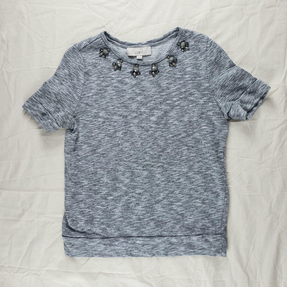 LOFT Grey Faux Gem Embellished Cotton Sweater M